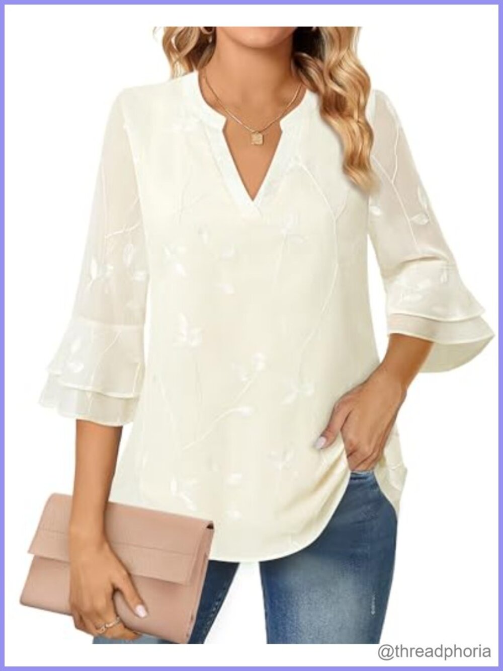 Womens Chiffon Tunic Top 3/4 Ruffle Bell Sleeve Notch V-Neck Business Work